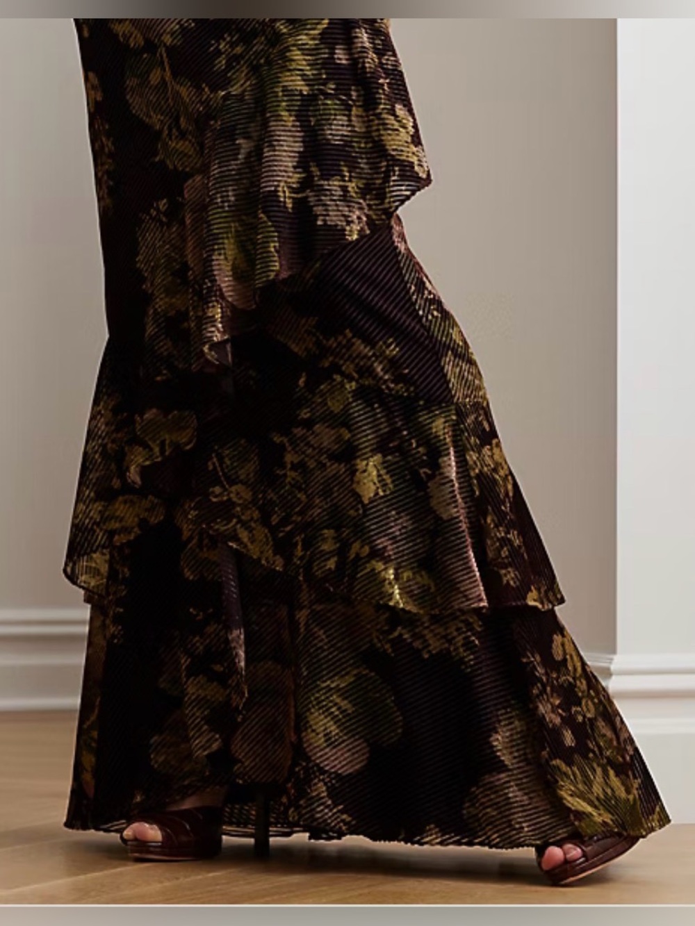 Lauren Ralph Lauren Floral Burnout Velvet Tiered Maxi Skirt Brown Sz 10 NWT - Picture 5 of 9